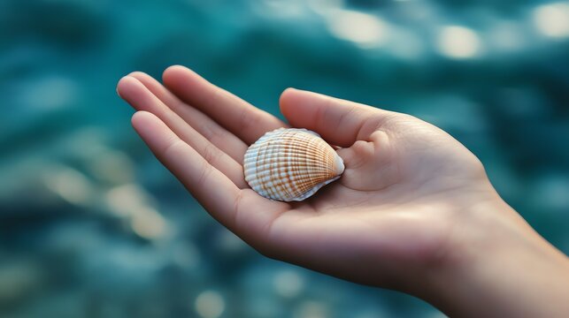 A hand holds a seashell against a blurred background of blue ocean water.