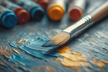 Fototapeta premium A close-up of a brush with acrylic paint on a palette, surrounded by vibrant paint tubes, evoking a creative atmosphere. 