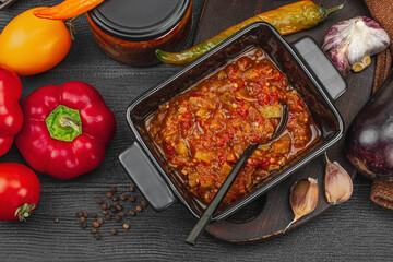 Vegetable caviar, traditional vegan stewed dish, saute. Ripe veggies, fragrant spices, preserve food
