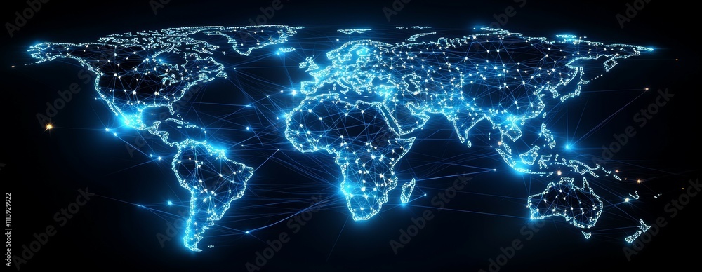 Aufkleber Glowing blue digital world map. Global internet network telecom and communication. Generative AI technology.	
