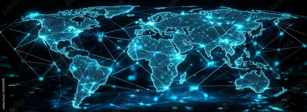 Poster Digital earth world map. Global internet network telecom and communication. Generative AI technology.	
