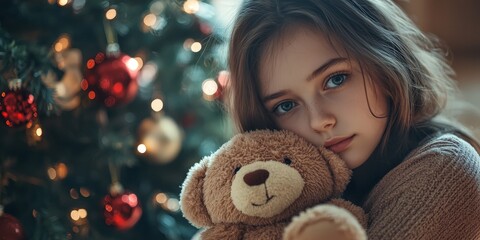 Emotional girl hugging teddy bear during holidays