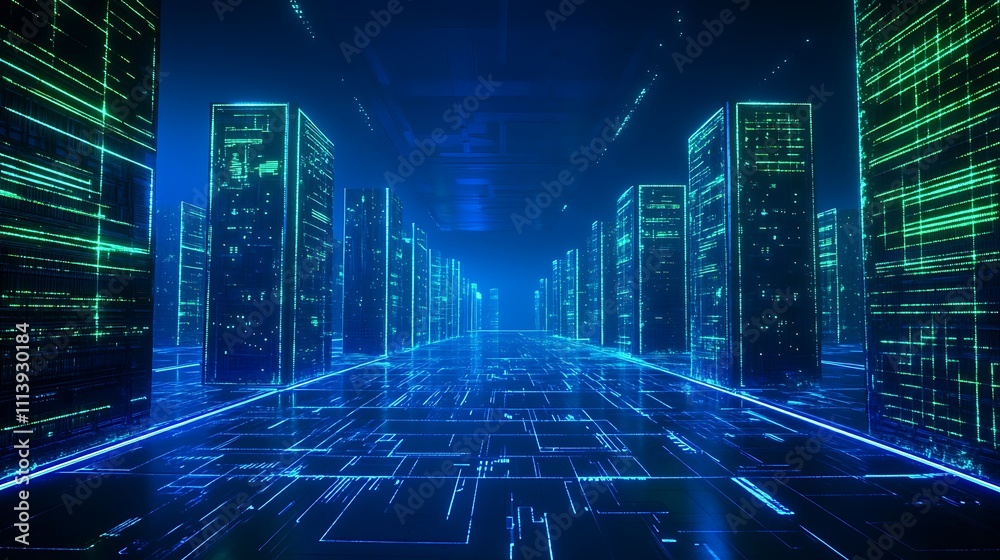Poster Futuristic Data Center Environment with Neon Lights and Digital Circuit Patterns for Tech and Innovation Themes