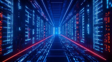 Fototapeta premium Futuristic Data Center Corridor with Neon Lights and High-Tech Server Racks Illuminating Virtual Space