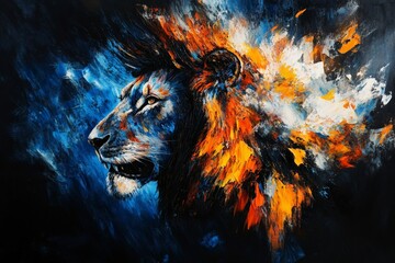 Vibrant Abstract Lion Artwork: Majestic Feline Portrait with Fiery Mane and Bold Colors for Wildlife and Nature Lovers