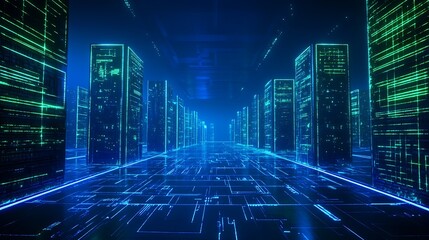 Futuristic Data Center Environment with Neon Lights and Digital Circuit Patterns for Tech and Innovation Themes