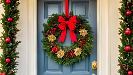 a Christmas wreath hanging on a beautifully decorated door