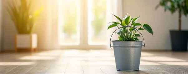 Placing a bucket of water near houseplants to naturally increase humidity levels