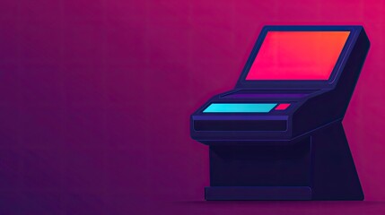 A retro-style arcade machine against a vibrant pink background, featuring a colorful screen and controls, evoking nostalgia for classic gaming.