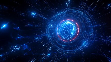 Futuristic Digital Abstract Design with Glowing Elements and a Central Sphere in a Cosmic Space Environment