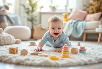 Smiling baby crawling on soft carpet with toys