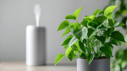 Pothos plants positioned near a humidifier for lush, hydrated growth