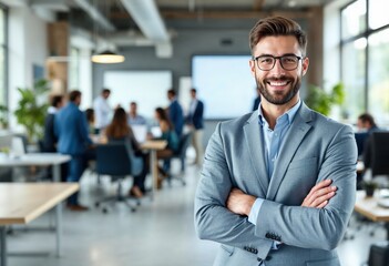 Portrait of a smiling businessman with crossed arms in a modern office with coworkers in background