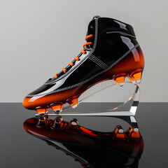 Glass American football cleats sculpture with black to orange gradient and detailed spikes on light gray background, generative ai