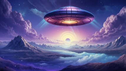 A beautiful sci-fi illustration of a flying saucer floating above a mountains with a blue sky and clouds in the background. Fantasy alien UFO disc spaceship in purple and blue colors artwork.