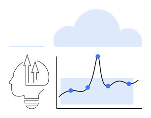 Head silhouette with arrows and bulb graph with upward trend cloud. Ideal for business growth, innovation, data analysis, technology, strategic planning, ideas, cloud computing. Line metaphor