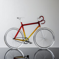 Glass bicycle sculpture with red to golden yellow gradient and clear polished tires on light gray background, generative ai
