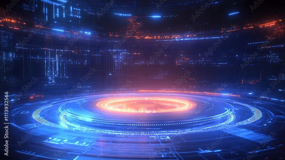Poster futuristic digital interface with neon lights and circular patterns in a sci-fi environment