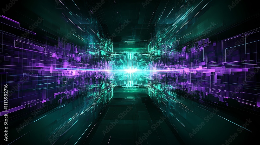Poster futuristic digital landscape with abstract lines and neon lights creating depth and motion in techno