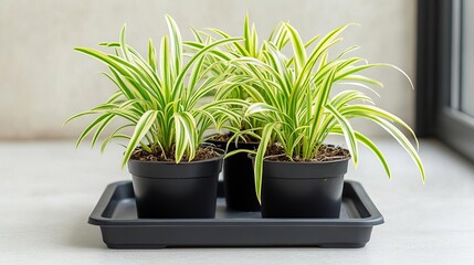 Obraz premium Spider plants on a drip tray, preventing water from pooling at the roots