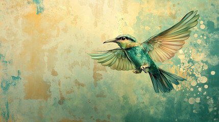 Artistic Illustration of a Vibrant Hummingbird in Flight Against a Textured Abstract Background