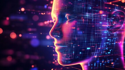 Digital face with glowing neon grid and futuristic light effects image