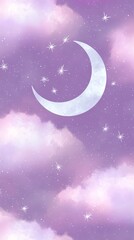 Naklejka premium Crescent moon and stars in purple sky. 