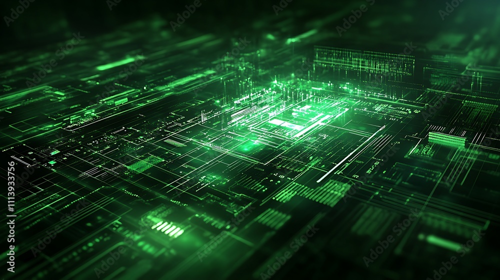Poster futuristic digital landscape with glowing green circuitry and complex data patterns in abstract tech