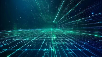 Futuristic Digital Landscape with Glowing Lines and Data Connections in a Vibrant Blue and Green Color Palette