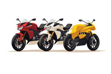 Obraz premium Ground vehicles. Transport modern motorbike with power engine. Different types of modern motorcycles: sports, tourist, classic, off-road. Vector illustration isolated on white background. 