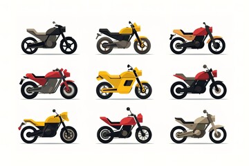 Naklejka premium Ground vehicles. Transport modern motorbike with power engine. Different types of modern motorcycles: sports, tourist, classic, off-road. Vector illustration isolated on white background. 