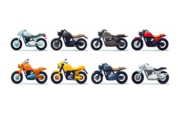 Obraz premium Ground vehicles. Transport modern motorbike with power engine. Different types of modern motorcycles: sports, tourist, classic, off-road. Vector illustration isolated on white background. 