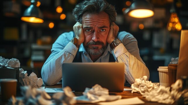 Stressed and tired businessman with a headache sitting at a desk with a laptop late at night, surrounded by crumpled papers and coffee cups. 