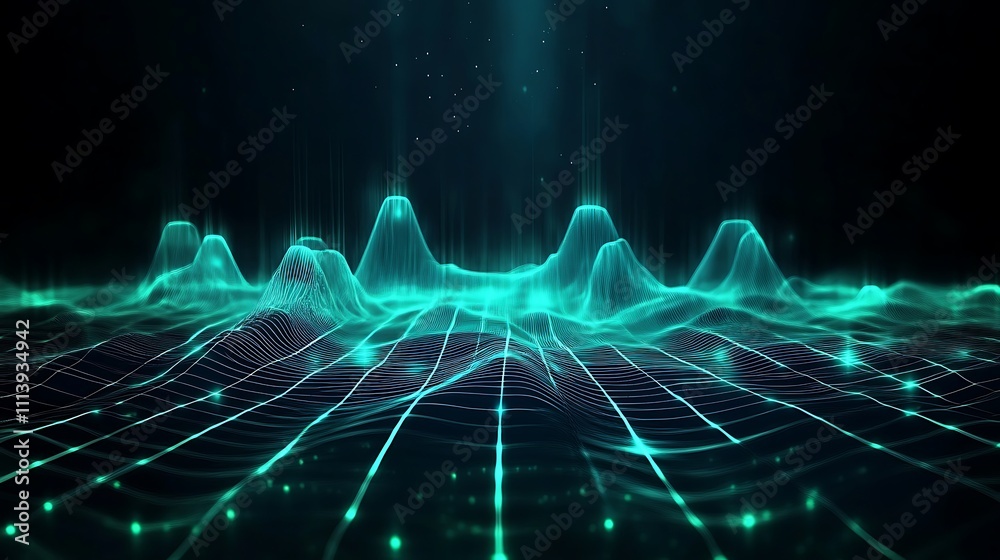 Poster futuristic digital landscape with glowing waveforms and grid structure in abstract sci-fi style