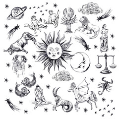 Fototapeta premium Hand drawn zodiac sign illustration, horoscope background. Aries, taurus, libra, virgo, leo, lion, gemini, pisces, cancer, aquarius, sagittarius, scorpio, capricorn.