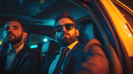 Two men in suits and sunglasses sitting in a car, illuminated by colorful lights.