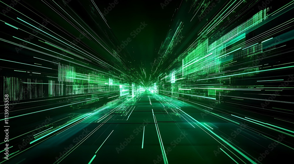 Poster futuristic digital landscape with green light trails creating motion and depth in a data-driven cybe