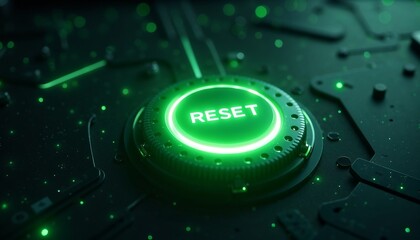 Glowing green reset button floating in cosmic sci-fi setting