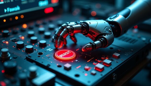 Robotic arm pressing glowing red reboot button on sci-fi console
