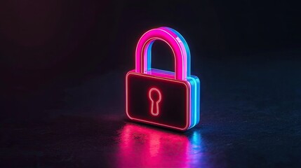Fototapeta premium A vibrant neon padlock with a keyhole, symbolizing security and protection against unauthorized access, set against a dark background.