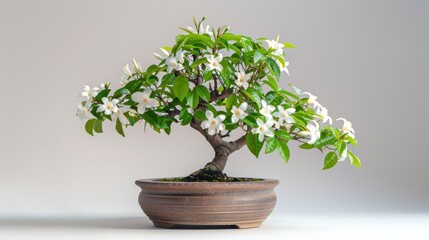 A beautifully crafted bonsai tree adorned with delicate white flowers in a ceramic pot.