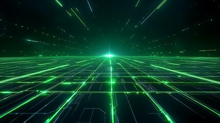 Obraz premium Futuristic Digital Landscape with Neon Green Lines and Grid Pattern in Cosmic Depths
