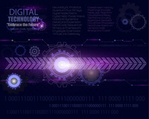 Digital technology banner with blue and Purple background concept featuring light purple effects. Abstract tech design with futuristic innovation themes, highlighting data, internet networks.EPS 10.