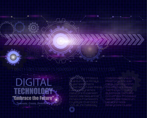 Digital technology banner with blue and Purple background concept featuring light purple effects. Abstract tech design with futuristic innovation themes, highlighting data, internet networks.EPS 10.