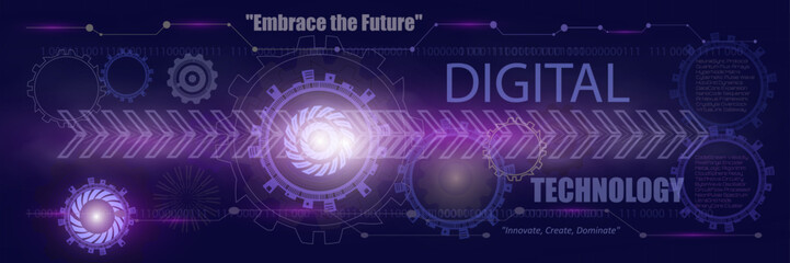 Digital technology banner with blue and Purple background concept featuring light purple effects. Abstract tech design with futuristic innovation themes, highlighting data, internet networks.EPS 10.