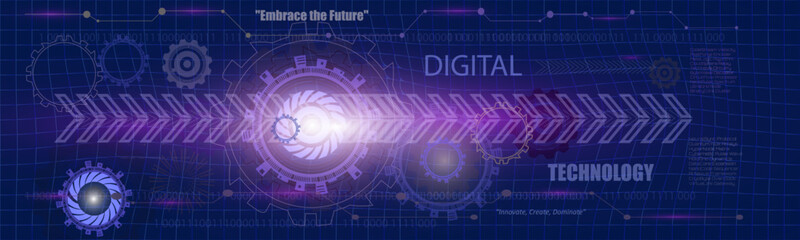 Digital technology banner with blue and Purple background concept featuring light purple effects. Abstract tech design with futuristic innovation themes, highlighting data, internet networks.EPS 10.