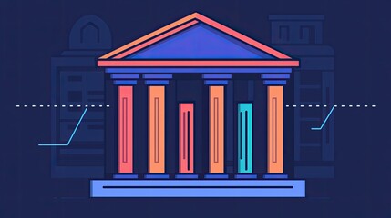 A colorful, stylized illustration of a classical building with columns, symbolizing stability, finance, or government.