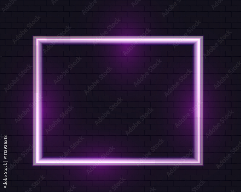 Poster neon rectangular frame glowing in pink and purple tones on a dark brick wall background. minimalisti