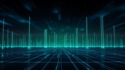 Futuristic Digital Landscape with Neon Lights and Dark Sky Ideal for Technology and Sci-Fi Themes