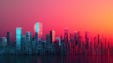 Fototapeta premium A vibrant city skyline at sunset, featuring modern architecture with a colorful gradient of orange and blue hues reflecting on water.
